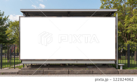 Outdoor blank billboard with empty white space for advertising located in public park during sunny day. copy space 122824062