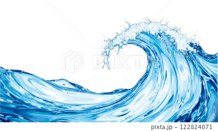 Blue ocean wave with white foam splashing on white background, dynamic water movement, powerful sea wave, clear blue water, ocean energy, nature force, aquatic beauty 122824071