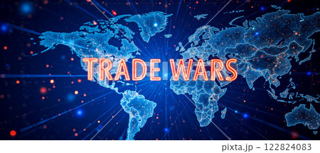Illustration of trade wars with highlighted world map in blue and red, representing economic conflicts, geopolitical disputes, and international trade tensions affecting global commerce Illustration of trade wars with highlighted world map in blue and red, representing economic conflicts, geopolitical disputes, and international trade tensions affecting global commerce 122824083
