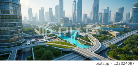 futuristic city with towering skyscrapers, interconnected elevated highways, green rooftop gardens, urban landscape. innovative architecture, sustainable design, and efficient transportation system futuristic city with towering skyscrapers, interconnected elevated highways, green rooftop gardens, urban landscape. innovative architecture, sustainable design, and efficient transportation system 122824097