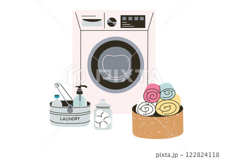 Laundry composition with washing machine, vector illustration of basket with rolled up towels, laundry balls in jar, and container with laundry detergent and cleaning products. Flat cartoon doodles 122824118