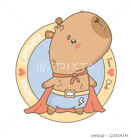 Cute superhero Capybara. Funny cartoon kawaii character animal mascot in red raincoat. Cool Round logo emblem Fan Club capibara. Vector illustration 122824141