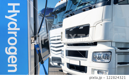 A hydrogen fuel cell semi truck near filling station 122824321