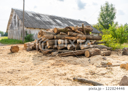 Sawn logs at a sawmill. 122824446