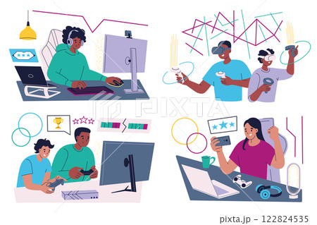 Gamers playing computer games, console games, mobile phones, virtual reality, vector illustration compositions set, characters chatting online with friends and streaming games. Flat cartoon style Gamers playing computer games, console games, mobile phones, virtual reality, vector illustration compositions set, characters chatting online with friends and streaming games. Flat cartoon style 122824535