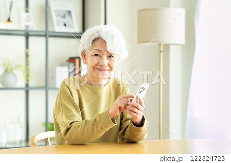 自宅でスマホを使う若い女性 122824723