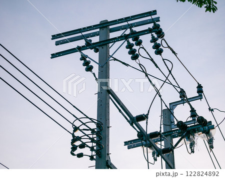 Electricity infrastructure maintenance urban area outdoor wide angle utility efficiency 122824892