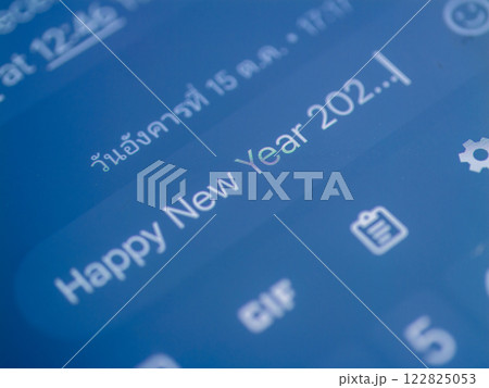 Modern celebration of new year 202... close-up of festive digital messages mobile devices Modern celebration of new year 202... close-up of festive digital messages mobile devices 122825053