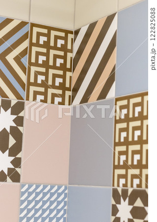Shot of the decorative tiles in the bathroom Shot of the decorative tiles in the bathroom 122825088