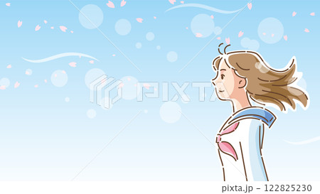 桜が風に舞う中で佇むセーラー服の女子学生の横顔 桜が風に舞う中で佇むセーラー服の女子学生の横顔 122825230