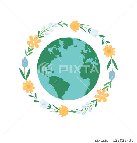 Eco-friendly concept. Illustration of earth inside flower wreath. Hand drawn vector illustration. 122825430