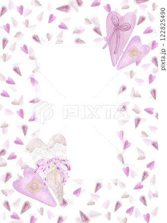Hand drawn watercolor St. Valentine postcard frame border. Illustration of hearts isolated on white background. Can be used for postcard, label, scrapbook and other printed products. 122825490