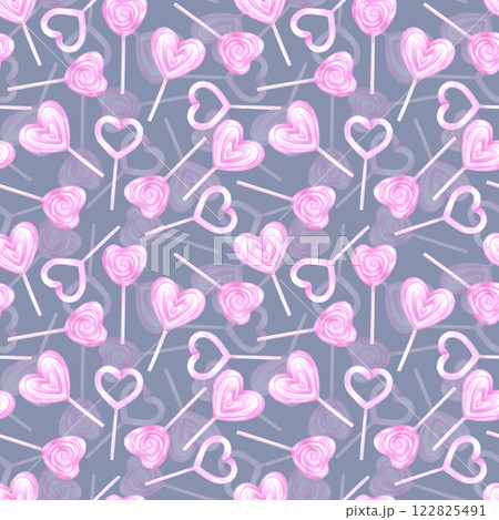 Hand drawn watercolor St. Valentine seamless pattern. Illustration of heart lollypops isolated on blue background. Can be used for textile, fabric, scrapbook and other printed products. 122825491