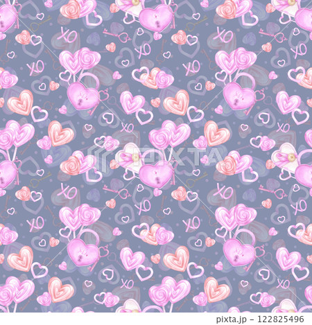 Hand drawn watercolor St. Valentine seamless pattern. Illustration of lock key sweets and hearts isolated on blue background. Can be used for textile, fabric, scrapbook and other printed products. 122825496