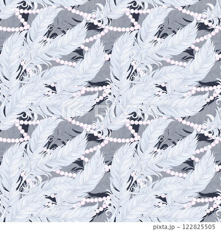 Carnival blue feather with pearls seamless pattern. Hand drawn watercolor masquerade illustration isolated on dark background. Can be used for textile, fabric, scrapbook and other printed products. 122825505