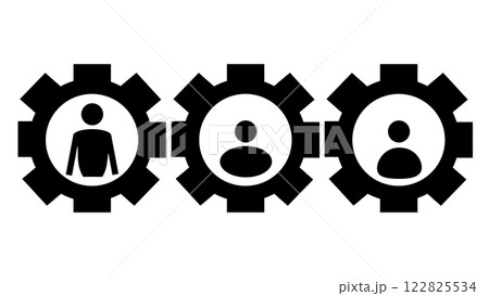 Set of setting icon, cog settings icon symbol, account settings, teamwork vector line icon, cogwheel with person inside, professional skills glyph symbol, self improvement Set of setting icon, cog settings icon symbol, account settings, teamwork vector line icon, cogwheel with person inside, professional skills glyph symbol, self improvement 122825534