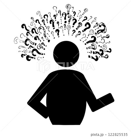 Ink drawn question marks around man's silhouette, brainstorming concept, grunge question marks, doodle sketch style of question marks, human icon with question mark design, worried man pictogram Ink drawn question marks around man's silhouette, brainstorming concept, grunge question marks, doodle sketch style of question marks, human icon with question mark design, worried man pictogram 122825535