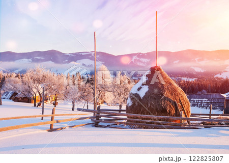 Amazing mountains in the morning sunlight. Small cozy village. Carpathian, Ukraine, Europe. Beauty world. Happy New Year 122825807