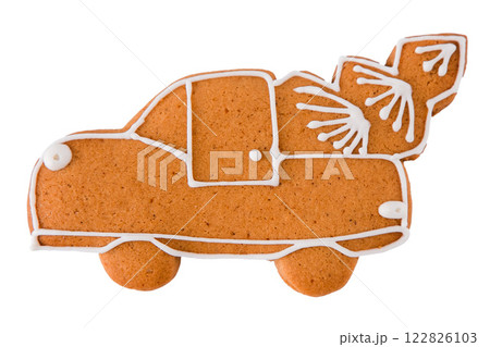 Gingerbread decorated with white sugar glaze isolated on white background. Christmas cookies. Gingerbread decorated with white sugar glaze isolated on white background. Christmas cookies. 122826103