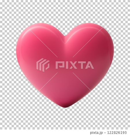 A bright pink 3D glossy heart with a reflective surface, isolated on a transparent background. 122826193