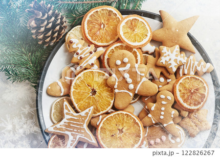 Christmas honey biscuits with orange. Happy New Year and Christmas. Bokeh light soft effect 122826267