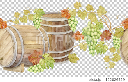 Pattern of old wooden barrels and wine vine. Seamless watercolor frame with casks for juice fermentation and green grape berries. Illustration for winery, distillery and wine production design. Pattern of old wooden barrels and wine vine. Seamless watercolor frame with casks for juice fermentation and green grape berries. Illustration for winery, distillery and wine production design. 122826329