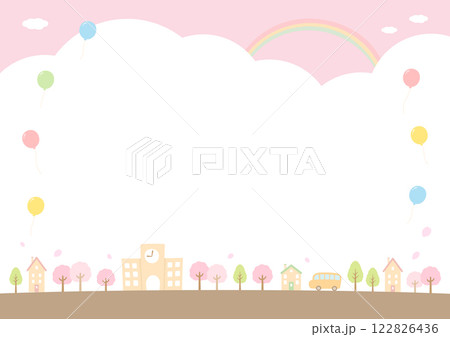 桜と学校の街並み 卒業や入学のお祝いの背景素材04 122826436