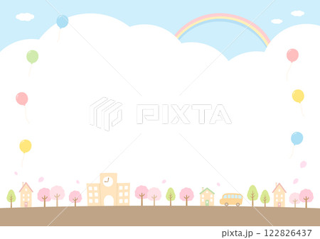 桜と学校の街並み 卒業や入学のお祝いの背景素材03 122826437