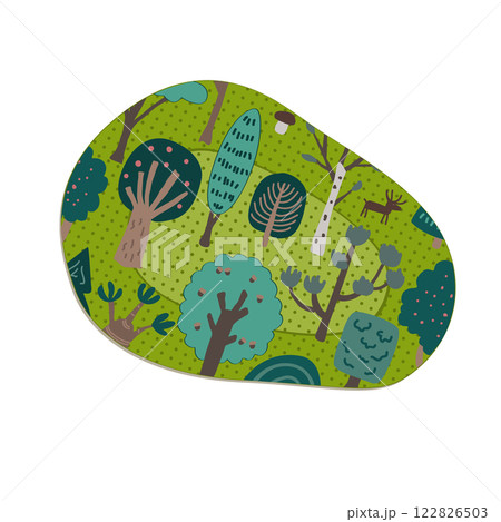 Cute kids sticking eye plaster with forest trees pattern. Isolated vector illustration. Amblyopia, strabismus, or lazy eye treatment concept. 122826503