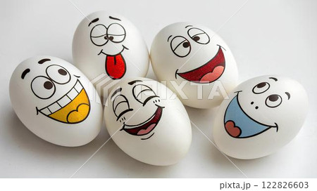Funny white eggs with cartoon faces with different facial expressions on white background. Group of eggs with different funny emotions drawn on their surface. Funny white eggs with cartoon faces with different facial expressions on white background. Group of eggs with different funny emotions drawn on their surface. 122826603