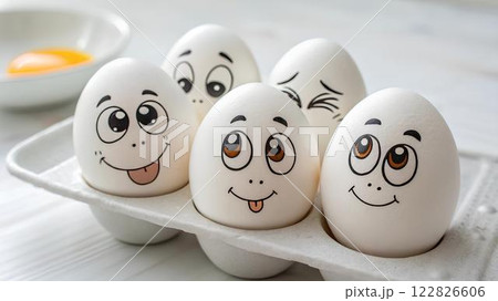 White eggs with drawn funny cartoon faces with different funny emotions, lying in a tray. White eggs with drawn funny cartoon faces with different funny emotions, lying in a tray. 122826606