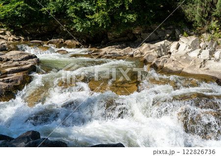 Mountain river. Flow of water over stones. Cascades. Mountain river. Flow of water over stones. Cascades. 122826736