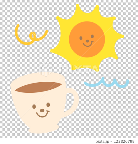 Hot coffee in a glass and sun for cafe, restaurant, drink menu, recipe decoration, sticker, department store, supermarket, beverage, kitchenware, cute patch, brooch, office snack, breakfast, picnic 122826799