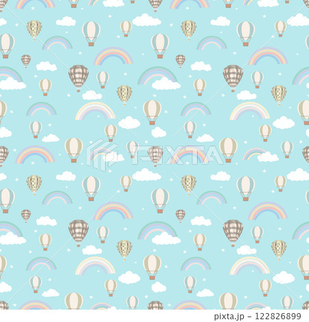 Sky, balloons, clouds, stars, light blue background, cartoon children's background, seamless pattern 122826899