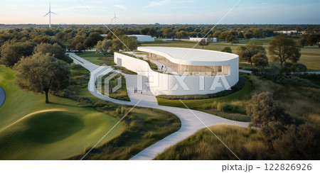 modern net zero carbon industrial building surrounded by greenery 122826926