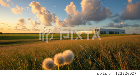 serene landscape featuring net zero carbon industrial building, wind turbine, and golden grass 122826927