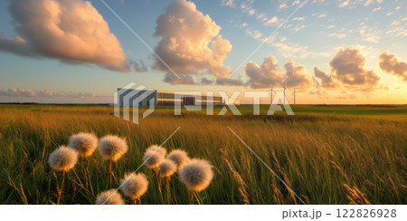 serene landscape featuring modern building, wind turbines, and fluffy flowers colorful sky 122826928