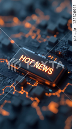 Illuminated button saying HOT NEWS on circuit board background 122826943