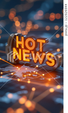 Hot news illuminated in vibrant orange lights on digital background 122826944