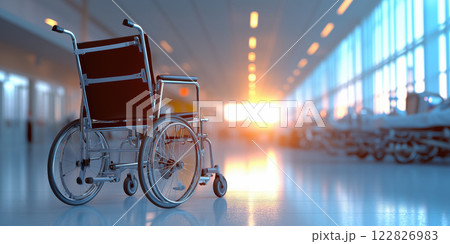 wheelchair in spacious airport terminal with bright lighting wheelchair in spacious airport terminal with bright lighting 122826983