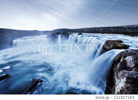 Hodafoss very beautiful Icelandic waterfall. It is located in the north near Lake Myvatn and the Ring Road. Fantastic starry sky with moving stars Hodafoss very beautiful Icelandic waterfall. It is located in the north near Lake Myvatn and the Ring Road. Fantastic starry sky with moving stars 122827103