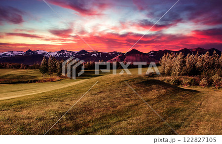 Mountain valley during bright sunrise. Beautiful natural landscape Mountain valley during bright sunrise. Beautiful natural landscape 122827105