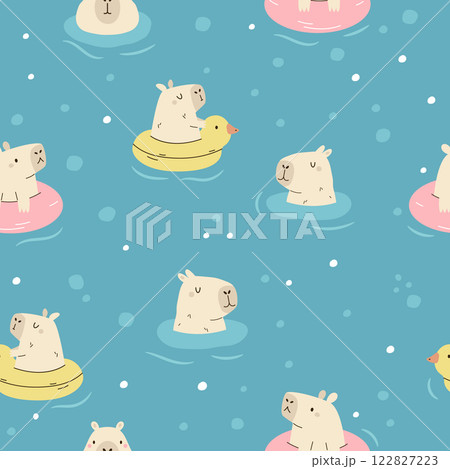 Seamless pattern with cute swimming capybara characters 122827223