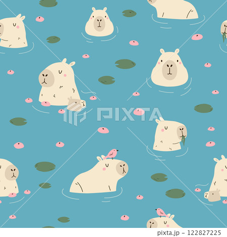 Seamless pattern with cute swimming capybara characters 122827225