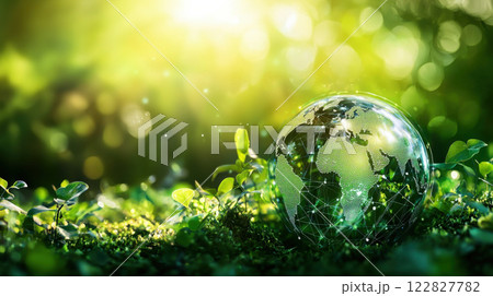 Glass globe resting on vibrant green foliage, symbolizing sustainability and nature. Earth day concept. Glass globe resting on vibrant green foliage, symbolizing sustainability and nature. Earth day concept. 122827782