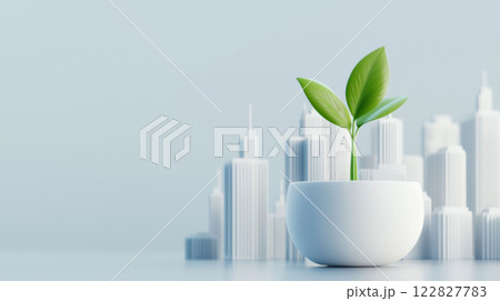 Green plant in white pot symbolizes sustainability against futuristic cityscape. Earth day concept. Green plant in white pot symbolizes sustainability against futuristic cityscape. Earth day concept. 122827783