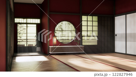 The interior color Red room inteior with tatami mat floor.3D rendering The interior color Red room inteior with tatami mat floor.3D rendering 122827946