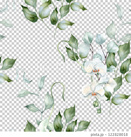 Seamless watercolor pattern with white orchids, eucalyptus, and holly leaves. Wavy branches and delicate floral bouquet in pastel shades hand drawn. Elegant botanical print for textiles, and wrapping. 122828018