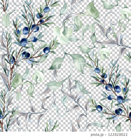 Juniper twigs and winding vines in sage green hand painted seamless pattern isolated. Watercolor botanical repeated background for textile, wedding decor, fabric. Delicate greenery for pattern design. Juniper twigs and winding vines in sage green hand painted seamless pattern isolated. Watercolor botanical repeated background for textile, wedding decor, fabric. Delicate greenery for pattern design. 122828022