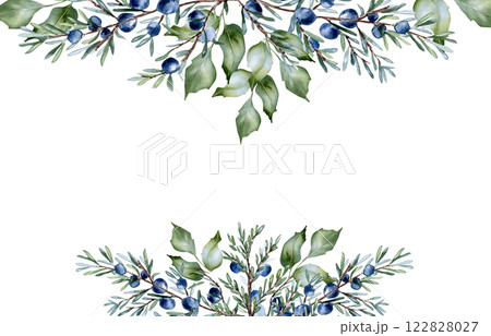 Watercolor foliage border in sage green with holly leaves and juniper twigs isolated. Elegant botanical greenery texture for banners, templates, and invitations. Soft pastel plants hand drawn. 122828027